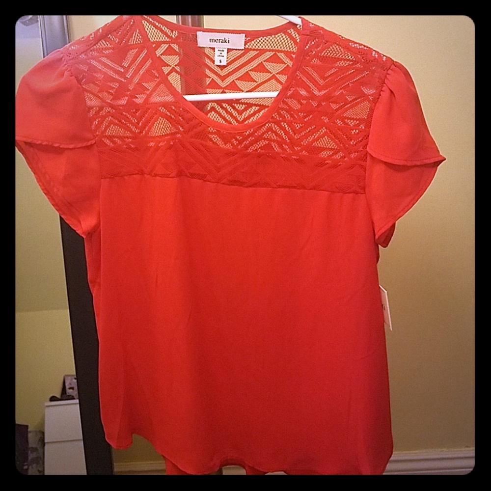Coral chiffon top, lace detailing